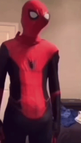 a person in a spider man costume is standing in a room .