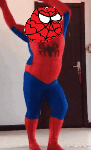 A Person In A Spiderman Costume Is Dancing In Front Of A Door With The Words Edited With Easy Gif At The Bottom GIF