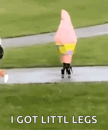 A Person In A Spongebob Costume Is Walking Down A Path With The Words " I Got Littl Legs " Below Them . GIF