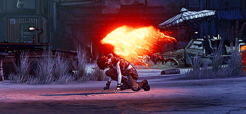 A Person In A Video Game Is Kneeling Down With Fire Coming Out Of Their Chest GIF