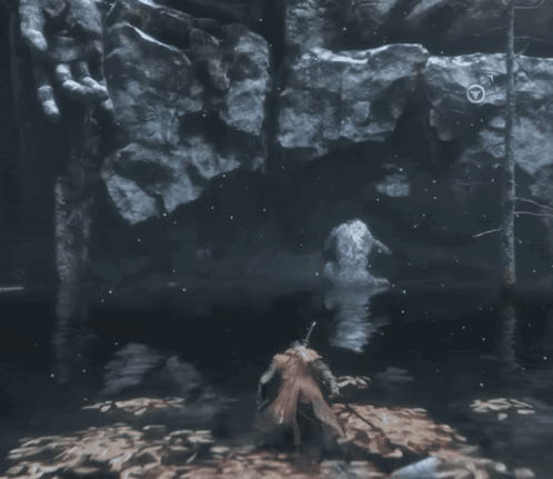 A Person In A Video Game Is Standing In The Water With A Sword GIF