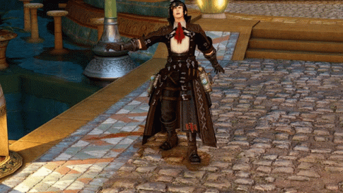 A Person In A Video Game Is Standing On A Cobblestone Sidewalk GIF