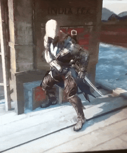 Video Game Character In Front Of India Tea Sign GIF