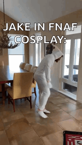A Person In A White Costume Is Dancing In A Room With The Words " Jake In Fnaf Cosplay " On The Bottom GIF