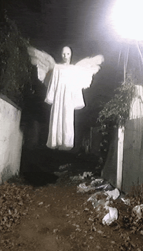 A Person In A White Dress With Wings Is Flying In The Air GIF