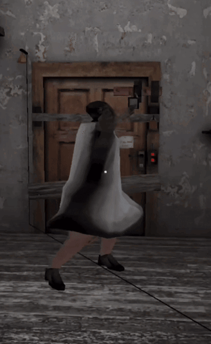 A Person In A White Robe Is Standing In Front Of A Door With A Red Light On It GIF