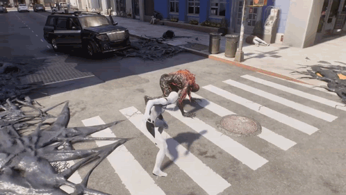 A Person In A White Suit Is Crossing A Crosswalk GIF