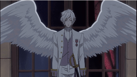 A Person In A White Suit With Wings Standing In Front Of A Window GIF