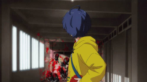 A Person In A Yellow Hoodie Is Standing In A Hallway With Blood Coming Out Of The Walls GIF