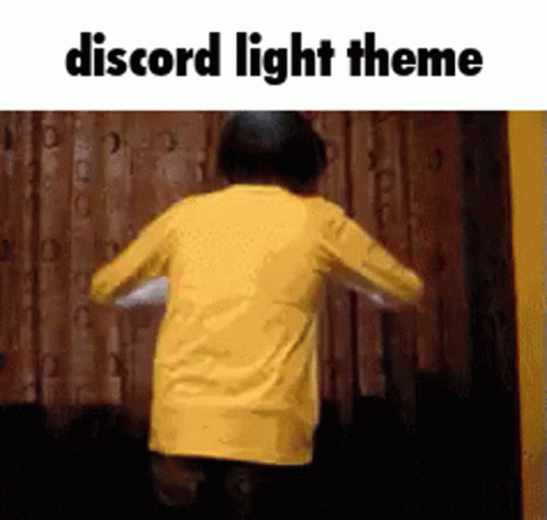 A Person In A Yellow Shirt Is Dancing In Front Of A Wooden Wall With The Words Discord Light Theme Written Above Them . GIF