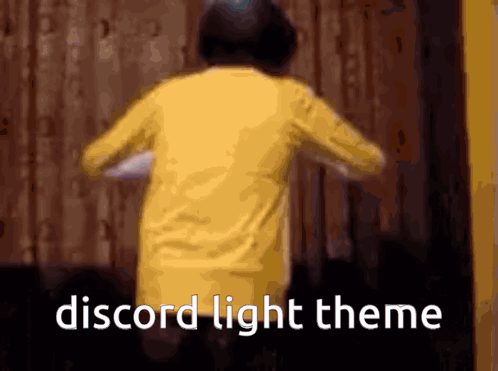 A Person In A Yellow Shirt Is Jumping In The Air With The Words Discord Light Theme Behind Them GIF