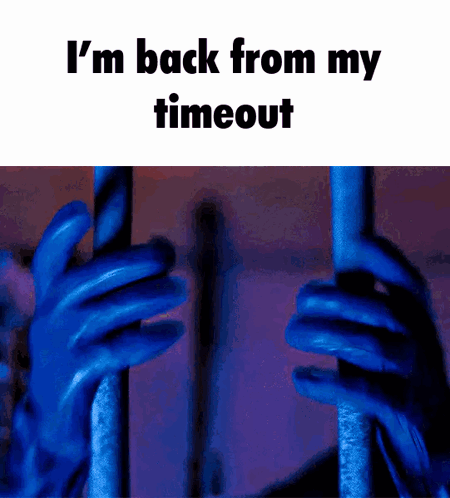 A Person In Blue Gloves Holding A Pole With The Words I 'M Back From My Timeout On The Bottom GIF
