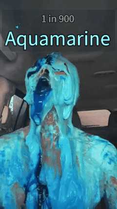 a person is covered in blue paint and the word aquamarine is above them