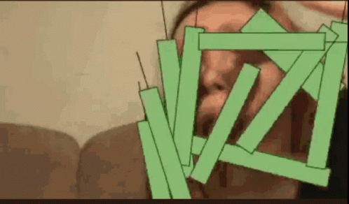 A Person Is Covering Their Face With Green Sticks GIF