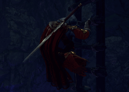 Person Crawling Through Dark Cave With Purple Flowers GIF