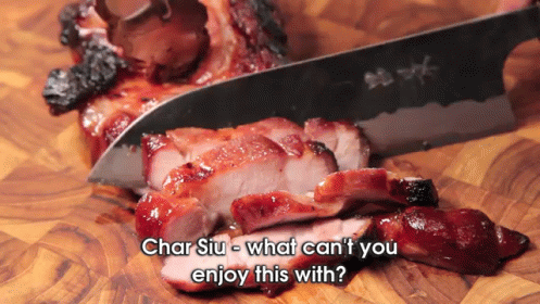A Person Is Cutting A Piece Of Meat With The Words Char Siu What Can T You Enjoy This With GIF