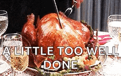 A Person Is Cutting A Turkey On A Plate With The Words A Little Too Well Done Above It . GIF