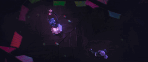 A Person Is Dancing In A Dark Room With A Purple Light Shining On Them GIF
