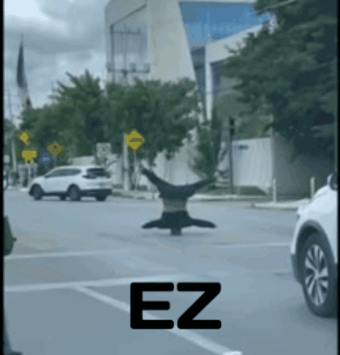 A Person Is Doing A Handstand In The Middle Of A Street With The Letters Ez Visible GIF