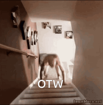 A Person Is Doing A Handstand On A Set Of Stairs With The Word Otw On The Bottom GIF