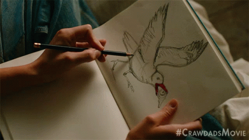 A Person Is Drawing A Bird In A Notebook With #Crawdadsmovie Written Below It GIF