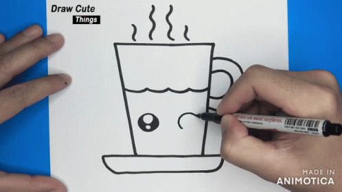 A Person Is Drawing A Cup Of Coffee With A Marker That Says " Made In Animatica " GIF