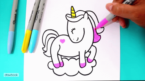 A Person Is Drawing A Unicorn On A Cloud With A Pink Marker GIF