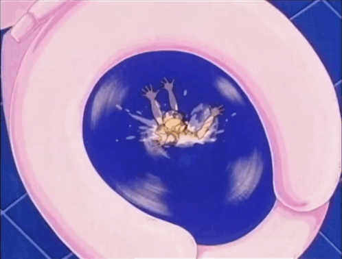A Person Is Falling Into A Pink Toilet Bowl GIF