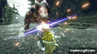 A Person Is Fighting A Monster In A Video Game While Standing In The Water . GIF