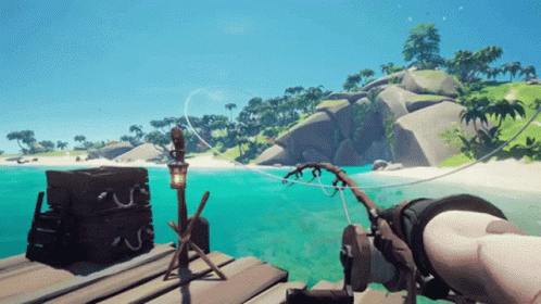 A Person Is Fishing On A Dock With A Lantern In The Water GIF