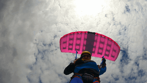 a person is flying through the air with a pink parachute that says " beef " on it