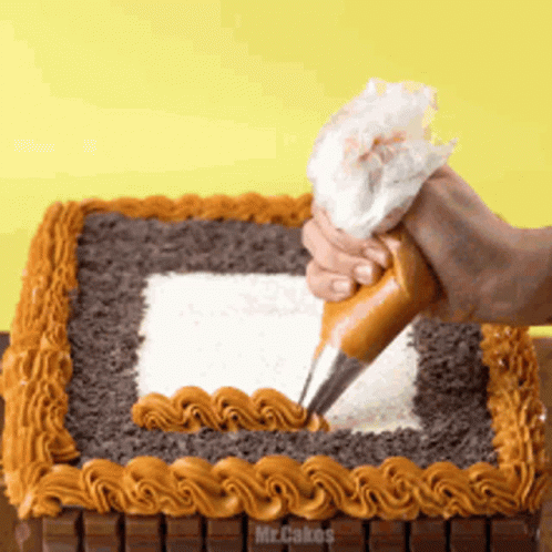 A Person Is Frosting A Cake That Says Mr Cakes On It GIF