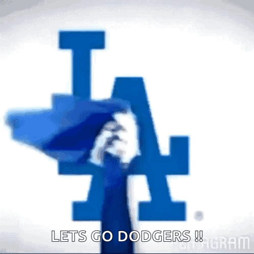 A Person Is Holding A Baseball In Front Of A La Dodgers Logo And Saying `` Let 'S Go Dodgers '' . GIF