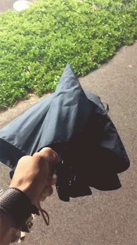 A Person Is Holding A Black Umbrella In Their Right Hand GIF