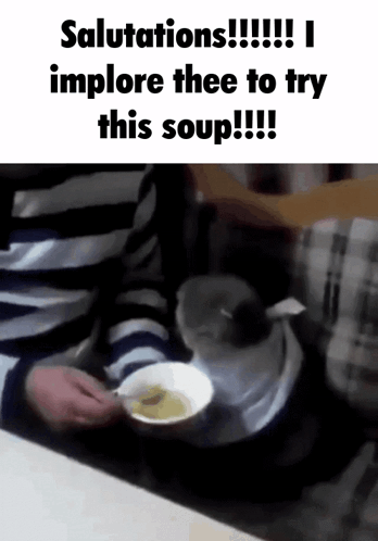 a person is holding a bowl of soup with the words salutations implore thee to try this soup written on the bottom