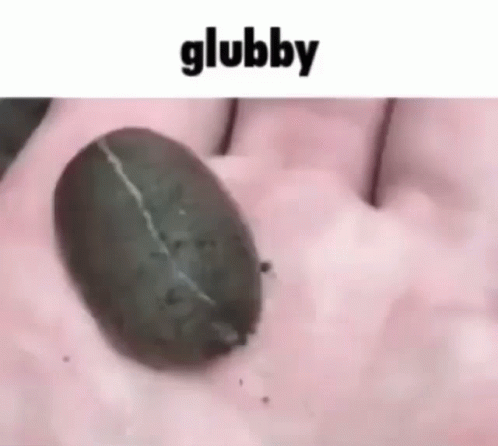 A Person Is Holding A Coffee Bean In Their Hand With The Word Glubby Written Above It GIF