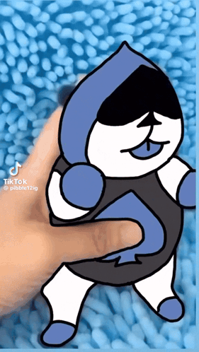 A Person Is Holding A Drawing Of A Cartoon Character With A Blue Hood GIF