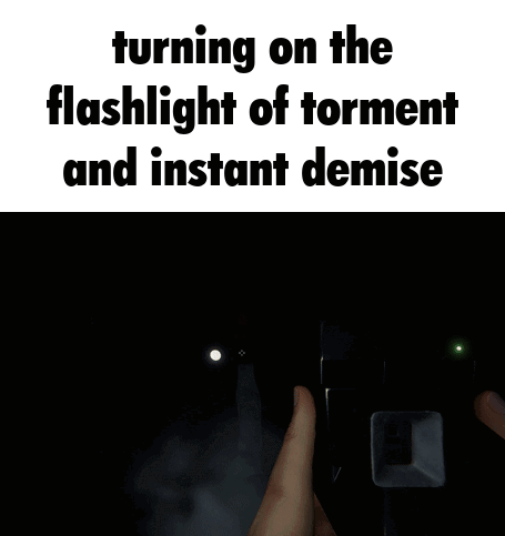 A Person Is Holding A Flashlight In Front Of A Door With The Words " Turning On The Flashlight Of Torment And Instant De GIF