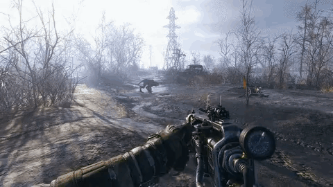 A Person Is Holding A Gun In A Video Game While A Dog Runs Behind Them . GIF