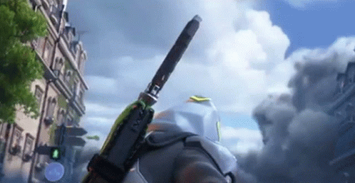 A Person Is Holding A Gun In A Video Game While Walking Down A Street . GIF