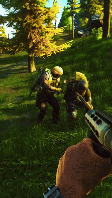 A Person Is Holding A Gun In A Video Game With Two Soldiers In The Background GIF