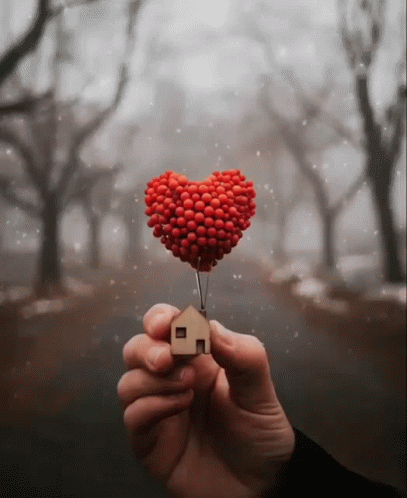 A Person Is Holding A Heart Shaped Balloon And A Small Wooden House GIF