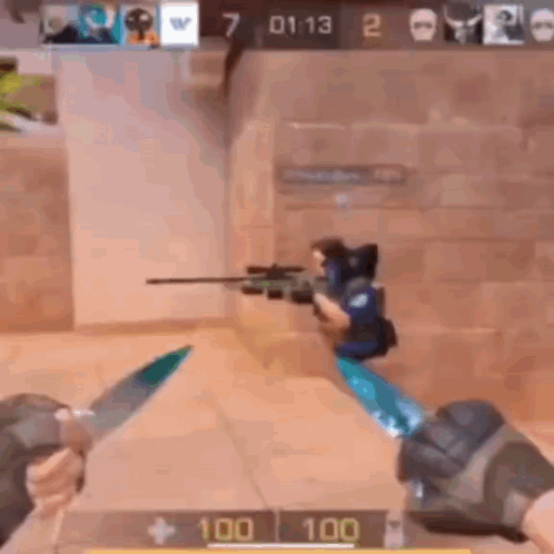 A Person Is Holding A Knife In A Video Game While Another Person Is Holding A Rifle . GIF