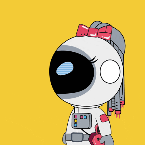 A Person Is Holding A Microphone In Front Of A Robot With Her Eyes Closed GIF