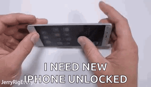 A Person Is Holding A Phone In Their Hands And Says `` I Need New Iphone Unlocked '' . GIF