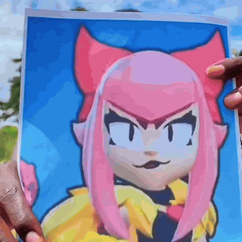 A Person Is Holding A Picture Of A Cartoon Character With Pink Hair And A Bow GIF