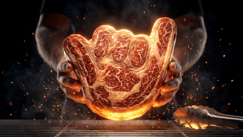 A Person Is Holding A Piece Of Meat That Looks Like A Hand Giving A Rock On Sign GIF