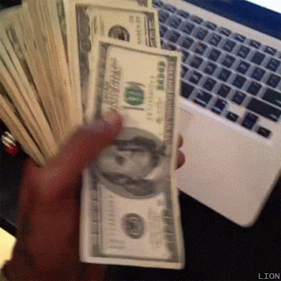 A Person Is Holding A Pile Of Money In Front Of A Laptop . GIF