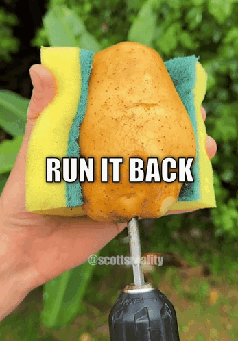 A Person Is Holding A Potato And A Sponge With The Words Run It Back Written On It GIF