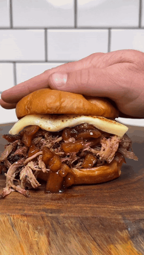 A Person Is Holding A Pulled Pork Sandwich On A Bun GIF